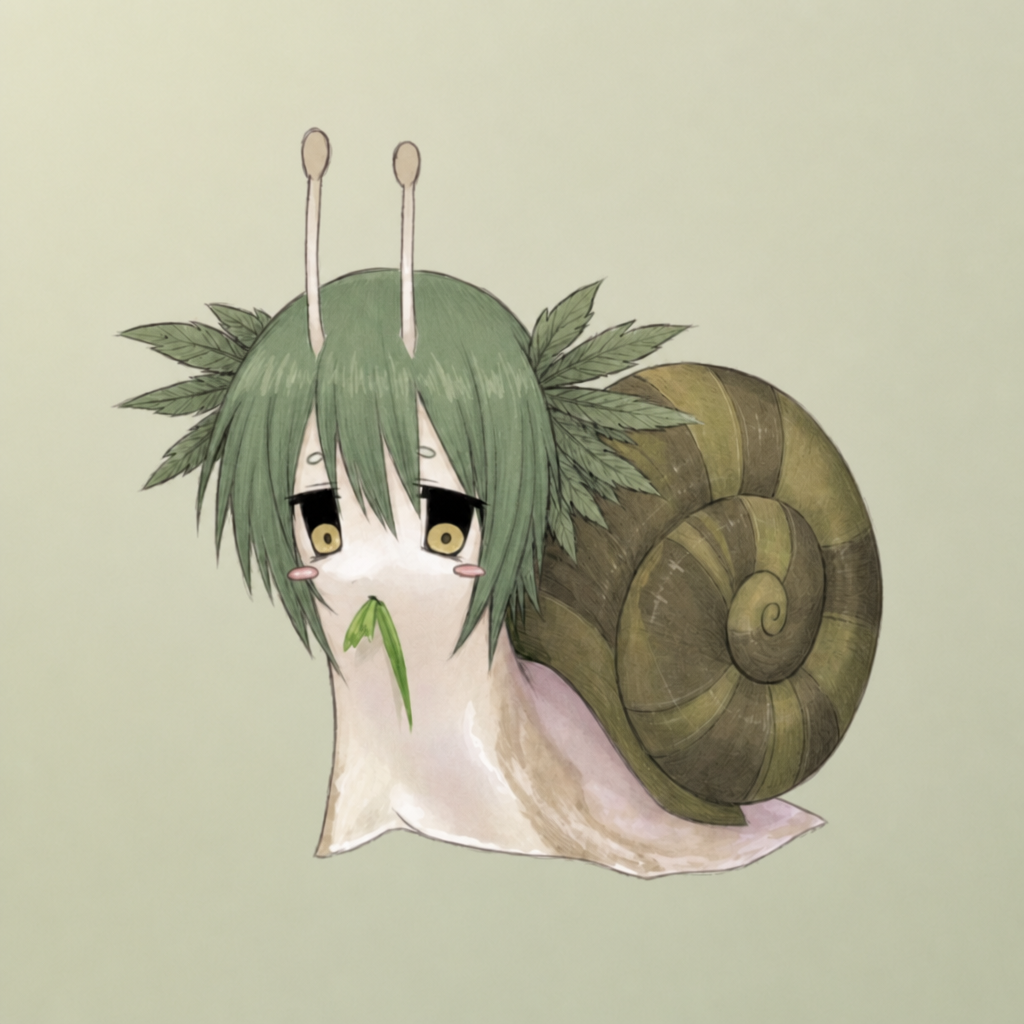 Green-haired snail girl with a forest shell